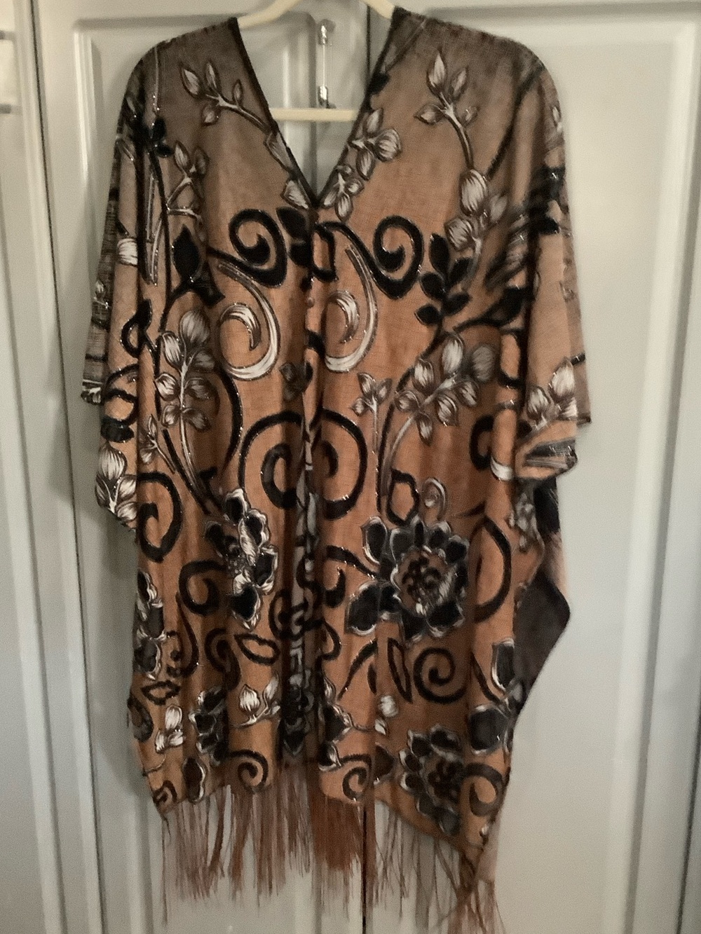 Boho Floral Fringe burnout Kimono Cardigan Beach Wear in Camel and Black OS